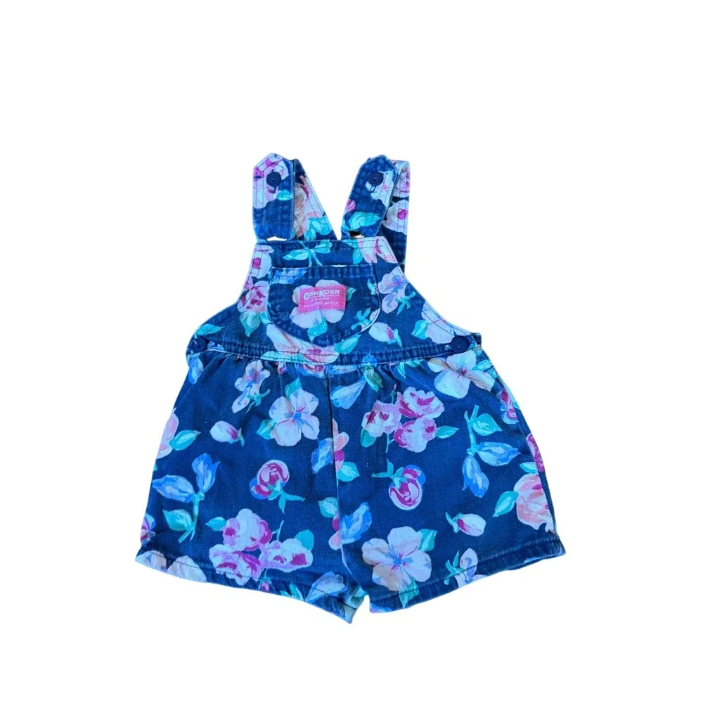 OshKosh B'Gosh Vintage Floral Cotton Shortalls Overalls Blue Pink Girls Size 2T